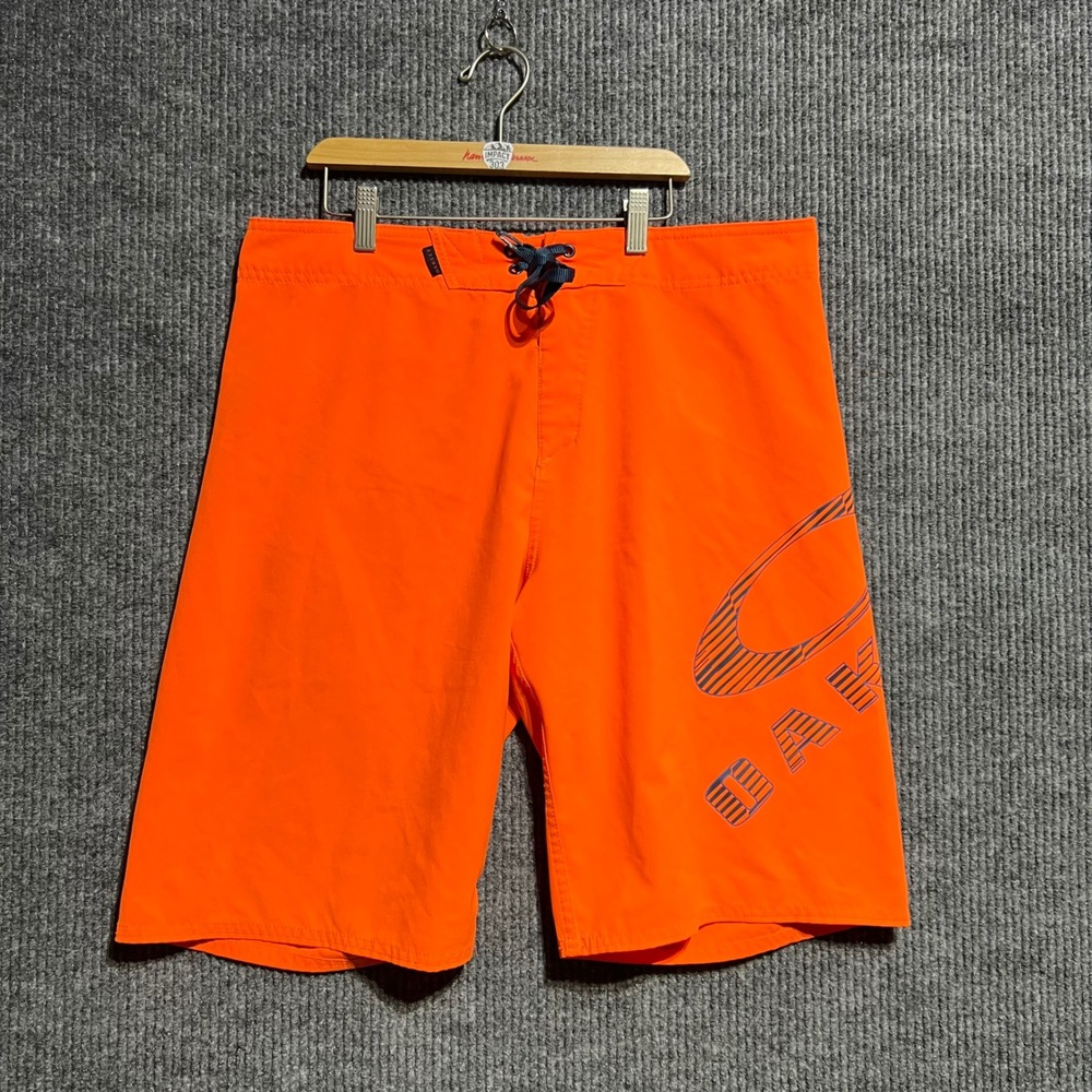 Oakley Board Shorts Mens 34 Orange Swim Trunks Graphic Logo Lace Up Surfwear